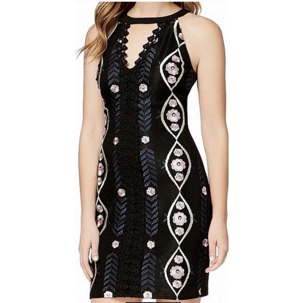 Vintage Guess Embroidered Halter Dress Black Floral Y2K Bodycon Size 0 Sheath - Picture 3 of 12